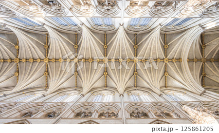 Ornate gothic arches and intricate ceiling designs adorn the interior of Westminster Abbey in London. Sunlight filters through stained glass windows, illuminating the historic space. 125861205