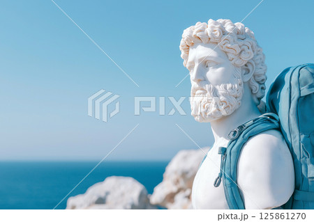 Classical Greek statue with modern hiking backpack. Travel, vacation, hiking, sport, exploration, wanderlust. Tourist with bag, travel more concept. Greece tourism, visit Greece. 125861270