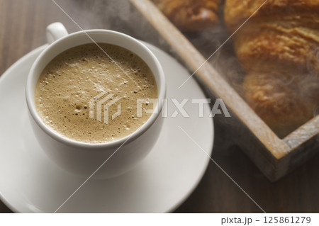 Breakfast with cappuccino and delicious croissants 125861279