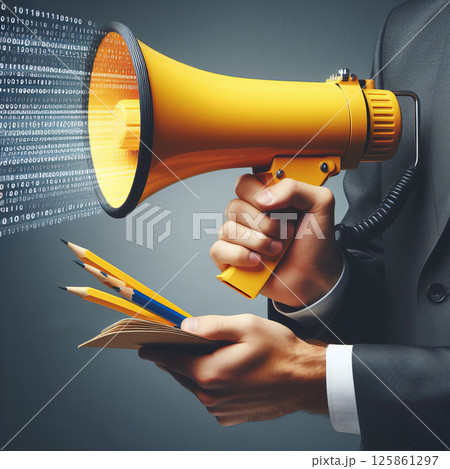 A businessman holds a megaphone emitting data streams, alongside pencils and a notepad, symbolizing digital communication and education 125861297