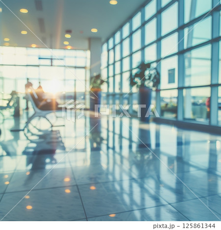 A modern, bright airport waiting area with passengers silhouetted against a sunlit window, showcasing sleek design and natural light 125861344