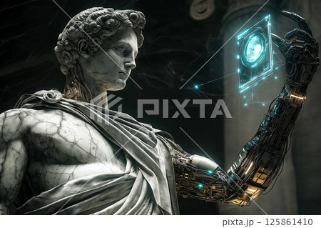 A classical statue featuring modern technological components, including glowing circuits and a holographic interface, blending ancient art with futuristic themes. 125861410