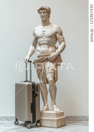 Classical Greek statue standing beside a modern suitcase indoors in a hotel hall. Travel, vacation, exploration, wanderlust. Tourist with his bag, travel more concept. Greece tourism, visit Greece. 125861430