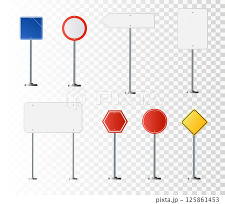 Road, traffic signs. Highway signboard on metal pole. Blank white board with place for text. Directional signage and wayfinder. information sign vector mockup. Road, traffic signs. Highway signboard on metal pole. Blank white board with place for text. Directional signage and wayfinder. information sign vector mockup. 125861453