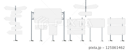 Road, traffic signs. Highway signboard on metal pole. Blank white board with place for text. Directional signage and way finder. information sign vector mockup. Road, traffic signs. Highway signboard on metal pole. Blank white board with place for text. Directional signage and way finder. information sign vector mockup. 125861462