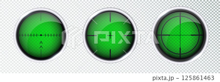 Chrome weapon sights, sniper rifle optical scopes. Sniper scope with measurement thermal imager marks template. Sniper scope crosshairs view. Realistic vector optical sight. 125861463