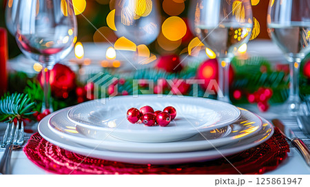 The table is elegantly set for celebrating Christmas or New Year. 125861947