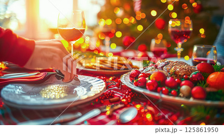 The table is elegantly set for celebrating Christmas or New Year. 125861950