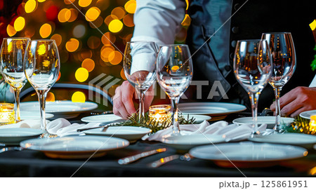 The table is elegantly set for celebrating Christmas or New Year. 125861951