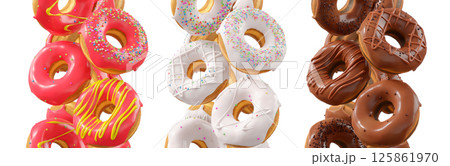 Assorted donuts with colorful icing, sprinkles, and chocolate isolated on white transparent background Assorted donuts with colorful icing, sprinkles, and chocolate isolated on white transparent background 125861970