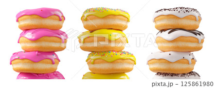 Assorted donuts with colorful icing, sprinkles, and chocolate isolated on white transparent background 125861980