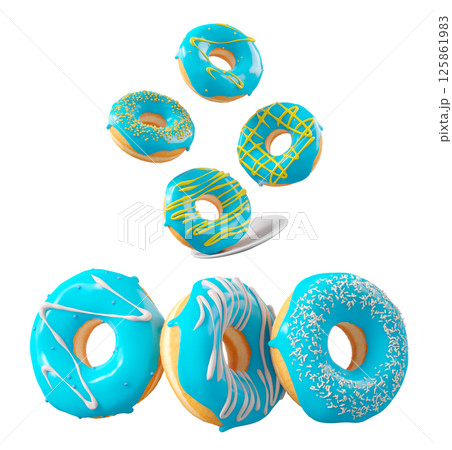 Donuts with blue blueberry glaze, sprinkles, white drizzle, and dots isolated on white transparent background 125861983