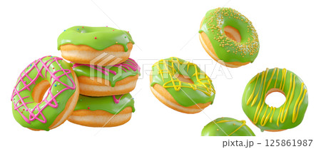 Donuts with green kiwi glaze, sprinkles, white drizzle, and dots isolated on white transparent background 125861987
