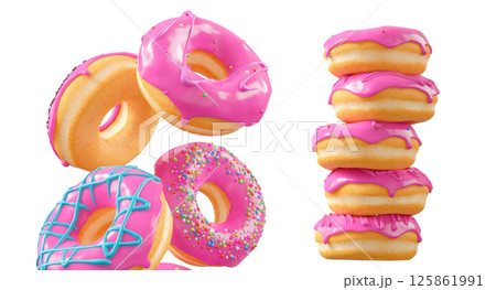 Donuts with pink fruit glaze, sprinkles, white drizzle, and dots isolated on white transparent background Donuts with pink fruit glaze, sprinkles, white drizzle, and dots isolated on white transparent background 125861991