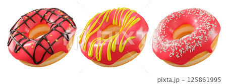 Donuts with red fruit glaze, sprinkles, white drizzle, and dots isolated on white transparent background Donuts with red fruit glaze, sprinkles, white drizzle, and dots isolated on white transparent background 125861995