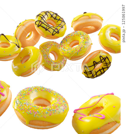 Donuts with yellow lemon glaze, sprinkles, white drizzle, and dots isolated on white transparent background Donuts with yellow lemon glaze, sprinkles, white drizzle, and dots isolated on white transparent background 125861997