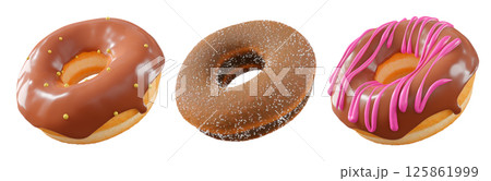 Donuts with chocolate glaze, sprinkles, white drizzle, and dots isolated on white transparent background Donuts with chocolate glaze, sprinkles, white drizzle, and dots isolated on white transparent background 125861999