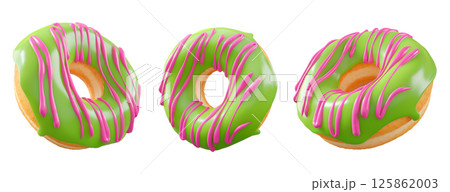 Donuts with green kiwi glaze, sprinkles, white drizzle, and dots isolated on white transparent background 125862003
