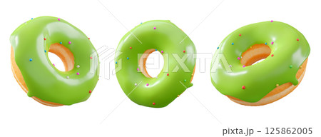 Donuts with green kiwi glaze, sprinkles, white drizzle, and dots isolated on white transparent background 125862005