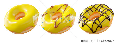 Donuts with yellow lemon glaze, sprinkles, white drizzle, and dots isolated on white transparent background 125862007
