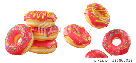 Donuts with red fruit glaze, sprinkles, white drizzle, and dots isolated on white transparent background 125862012