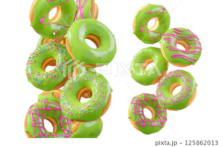 Donuts with green kiwi glaze, sprinkles, white drizzle, and dots isolated on white transparent background 125862013