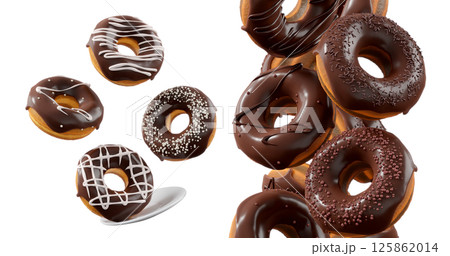 Donuts with chocolate glaze, sprinkles, white drizzle, and dots isolated on white transparent background 125862014