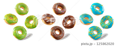 Assorted donuts with colorful icing, sprinkles, and chocolate isolated on white transparent background Assorted donuts with colorful icing, sprinkles, and chocolate isolated on white transparent background 125862020