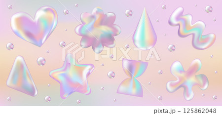 3d holographic retro 90 stickers set. Pink Chrome abstract Shapes in Y2K style on Gradient background. Future galaxy aesthetic, 3D chrome bubble art. Metal glossy sticker set. 125862048