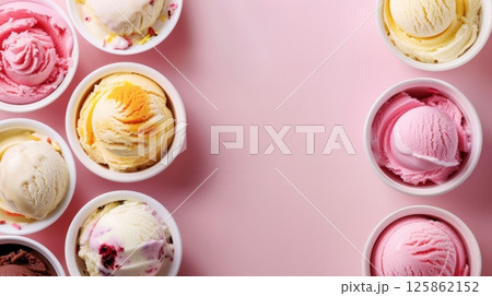 Strawberry ice cream cone with fruit slice story background Strawberry ice cream cone with fruit slice story background 125862152