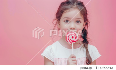 Little girl eating swirl candy lollipop sugar snack copy space Little girl eating swirl candy lollipop sugar snack copy space 125862248