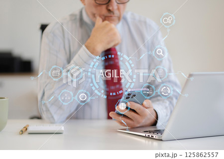 Agile development methodology concept. Business hand using laptop computer and tablet with virtual screen agile icon on modern office digital technology concept. Agile development methodology concept. Business hand using laptop computer and tablet with virtual screen agile icon on modern office digital technology concept. 125862557