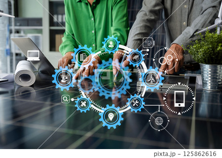 Two colleagues discussing data working and tablet, laptop with on Construction Site project. Two colleagues discussing data working and tablet, laptop with on Construction Site project. 125862616