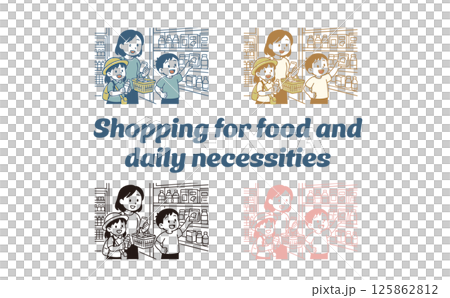 食料品や日用品の買い物をする家族 食料品や日用品の買い物をする家族 125862812