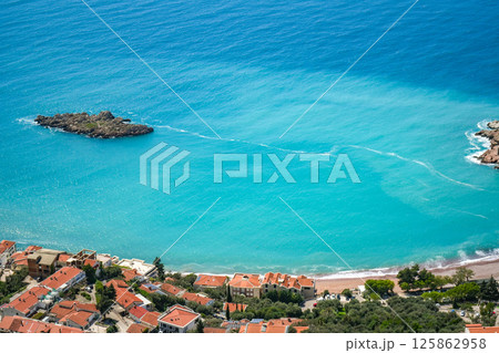 Aerial View of Sveti Stefan, Sea and Hotels, Montenegro Aerial View of Sveti Stefan, Sea and Hotels, Montenegro 125862958
