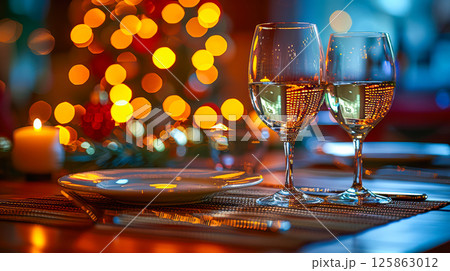 The table is elegantly set for celebrating Christmas or New Year. 125863012