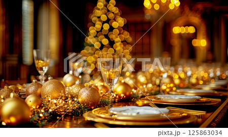 table is elegantly set for celebrating Christmas or New Year. 125863034