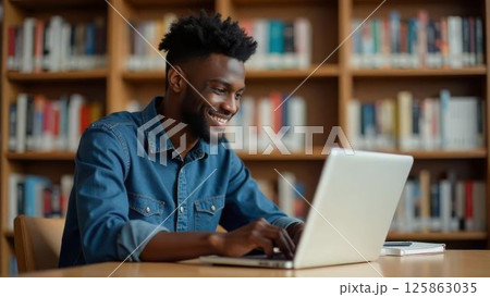cheerful young man, happily typing on laptop in library setting, ideal for educational services, online learning, and digital literacy programs 125863035