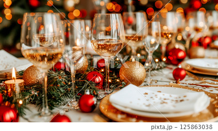 table is elegantly set for celebrating Christmas or New Year. 125863038