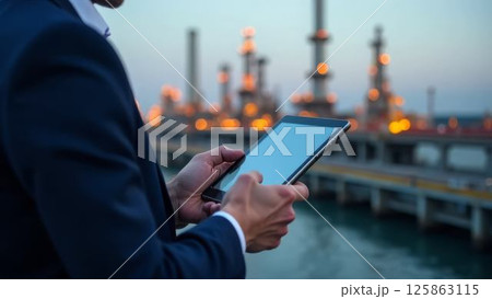 professional holding a tablet against the background of industrial complex, showcasing digital connectivity. 125863115