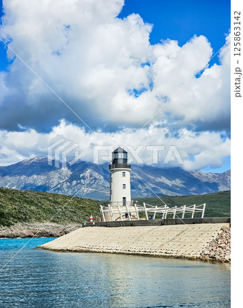 Lustica Bay with Colorful Houses, Marina, and Lighthouse, Montenegro Lustica Bay with Colorful Houses, Marina, and Lighthouse, Montenegro 125863142