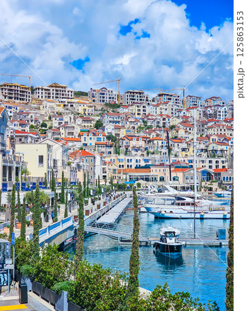 Lustica Bay with Colorful Houses, Marina, and Lighthouse, Montenegro Lustica Bay with Colorful Houses, Marina, and Lighthouse, Montenegro 125863153