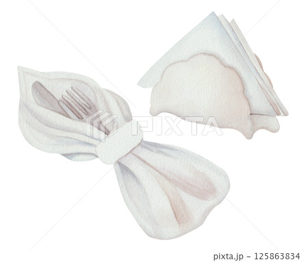 Watercolor set of ceramic napkin holder, fork, and knife wrapped in soft napkin. Elegant table setting illustration on white background. Ideal for kitchen decor and dining design projects Watercolor set of ceramic napkin holder, fork, and knife wrapped in soft napkin. Elegant table setting illustration on white background. Ideal for kitchen decor and dining design projects 125863834