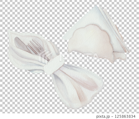 Watercolor set of ceramic napkin holder, fork, and knife wrapped in soft napkin. Elegant table setting illustration on white background. Ideal for kitchen decor and dining design projects Watercolor set of ceramic napkin holder, fork, and knife wrapped in soft napkin. Elegant table setting illustration on white background. Ideal for kitchen decor and dining design projects 125863834
