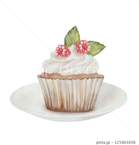 Cupcake with raspberries, cream and green leaves on saucer. Watercolor illustration of sweets. Hand drawn, isolated on a white background. For printing, kitchen, culinary, textiles, holidays. Cupcake with raspberries, cream and green leaves on saucer. Watercolor illustration of sweets. Hand drawn, isolated on a white background. For printing, kitchen, culinary, textiles, holidays. 125863836