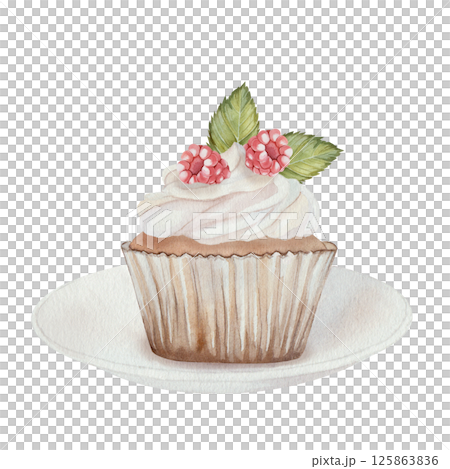 Cupcake with raspberries, cream and green leaves on saucer. Watercolor illustration of sweets. Hand drawn, isolated on a white background. For printing, kitchen, culinary, textiles, holidays. 125863836