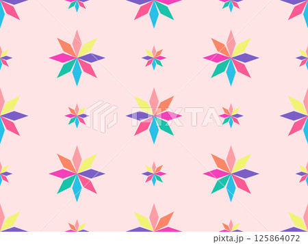 Multicolored flowers on a pink background. Diamond shape flower. Vector seamless pattern. Multicolored flowers on a pink background. Diamond shape flower. Vector seamless pattern. 125864072
