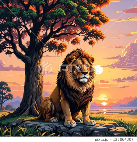 かわいいドット絵　らいおんくん ラインスタンプ風  しょんぼり 125864307