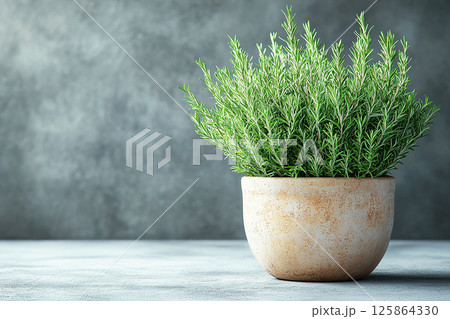 Potted rosemary plant with needle-like leaves on a white background. Herb in pot. 125864330
