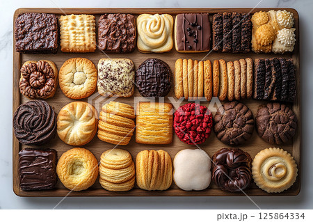 Variety of bakes and cookies in on a wooden trading tray on a white background. 125864334